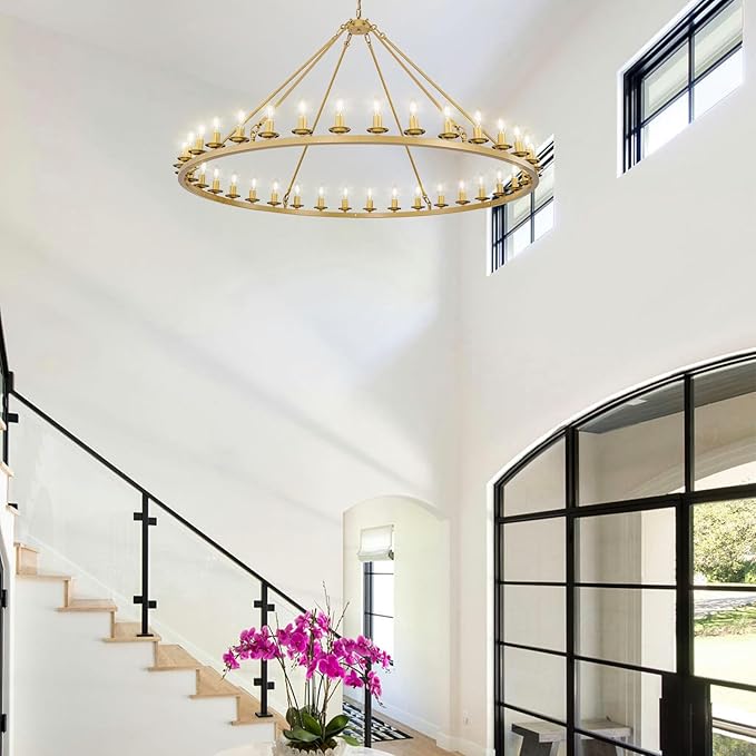 Wagon Wheel Chandelier, 36-Light Gold Large Round Modern Farmhouse Chandelier with Adjustable Height Island Light Fixture for High Ceiling Dining Room, Kitchen, Living Room, Entryways, Foyer