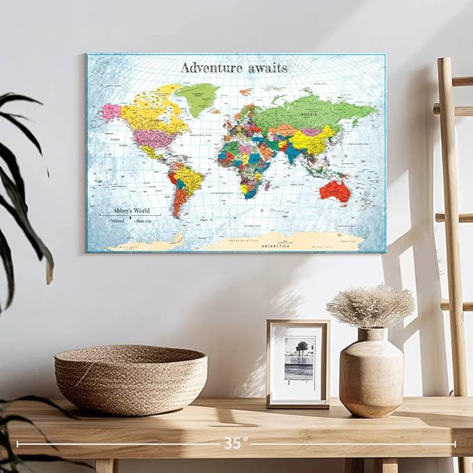 ElephantStock - Personalized Adventure Awaits IV Push Pin World Map Wall Art - Horizontal Canvas Wall Art - Living Room Wall Decor - Digital Art Map Canvas Art - Blue And Green Decor - 24" x 16"