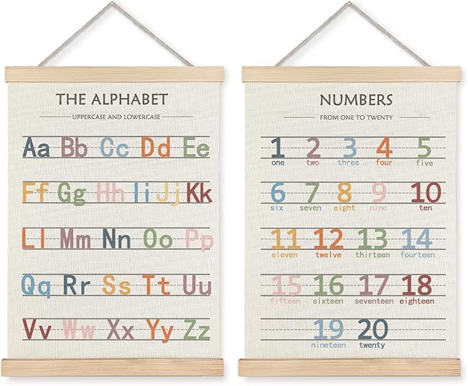 LUVADIAN Playroom Decor Alphabet Poster - Alphabet Numbers Educational Poster Hanger Frame Set of 2, Toddler Learning Posters for Nursery Kids Room Playroom Classroom Decor, 12x16 Inches