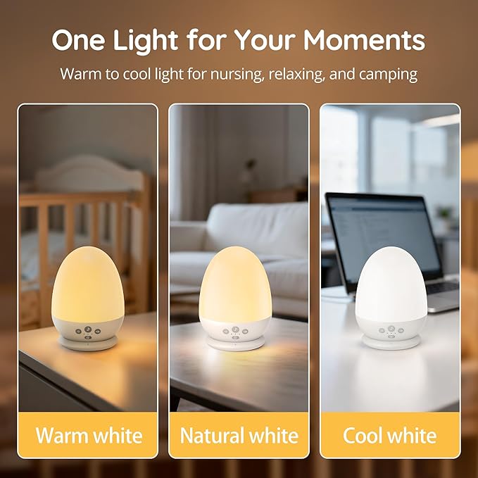 JolyWell Baby Night Light with Sound Machine, RGB Egg Light for Kids, 3 Color Temperatures, Stepless Dimming, USB-C Rechargeable, Touch Lamp for Nursery & Bedroom