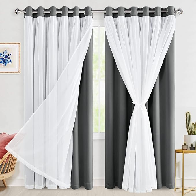 Hiasan Blackout Curtains with Sheer 84 Inches Long, Grommet Thermal Insulated Mix & Match Double Layer Window Curtains for Bedroom, Living Room, 2 Drape Panels with Tiebacks, Grey, 70W X 84L
