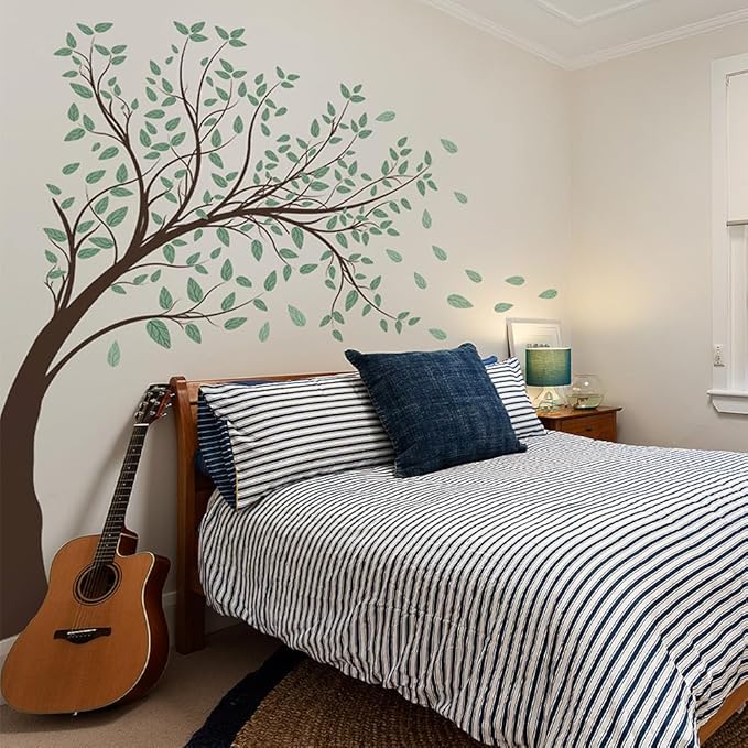 4 Sheets Green Tree Wall Decals Big Tree Wall Stickers Large DIY Peel and Stick Flying Leaves Wall Decor for Kids Bedroom Living Room Nursery Rooms TV Sofa Background Decoration