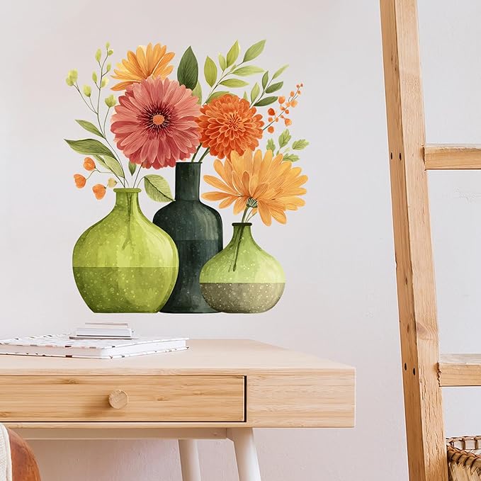Watercolor Floral Vase Wall Decals Removable Plant Vinyl Stickers for Nursery Living Room Kitchen Decor Peel and Stick Botanical Wall Art