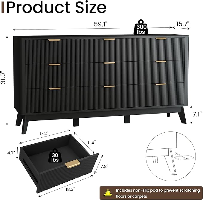 SUNWAVE Fluted 9 Drawer Dresser for Bedroom, 59.1" Wide Modern Large Dresser with Round Corner, Wood Drawer TV Stand for Living Room
