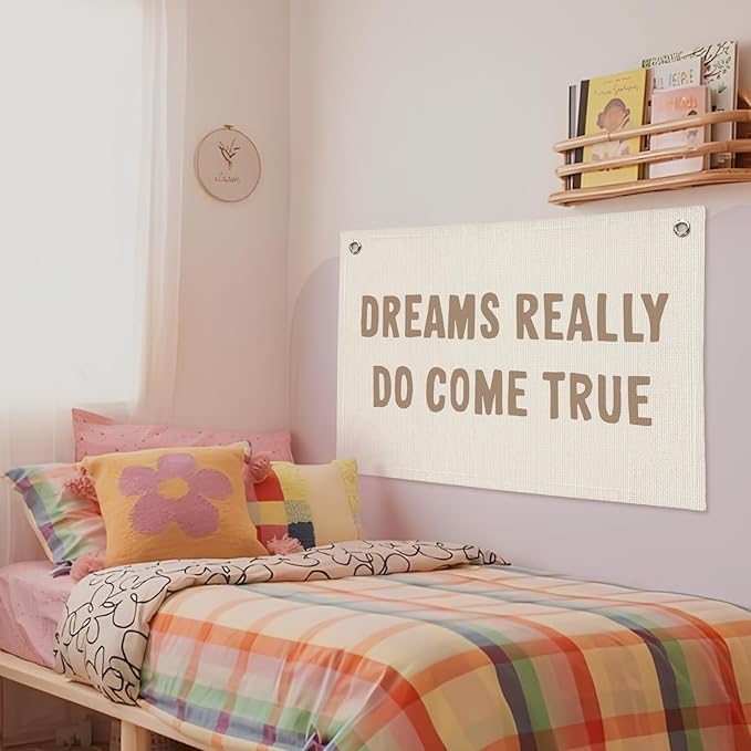 Motivational Positive Banner, Dreams Really Do Come True Linen Banner Wall Hanging Banner Flag Decor For Boy Girl Kids Room Nursery Playroom