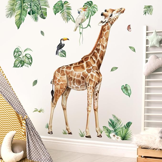 decalmile Large Jungle Giraffe Wall Decals Jungle Animals Tropical Leaves Wall Stickers Baby Nursery Kids Room Playroom Wall Decor