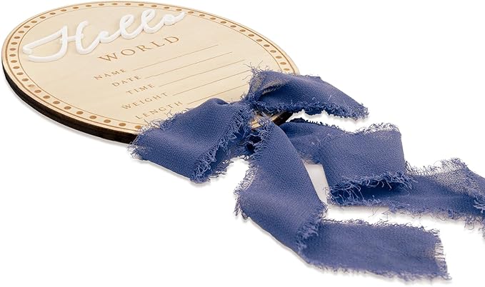 Baby Announcement Sign 6.5 Inch Wooden Hello World Newborn Welcome Sign Birth Name Plaques for Photo Props Shower Hospital Nursery (Blue Bow)