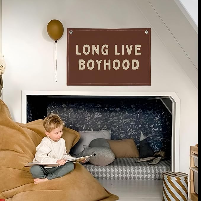 Long Live Boyhood Linen Banner – Boys Room Wall Hanging, Playroom & Nursery Decor, Toddler Room Flag, Aesthetic Boys Bedroom Sign – Chocolate Brown