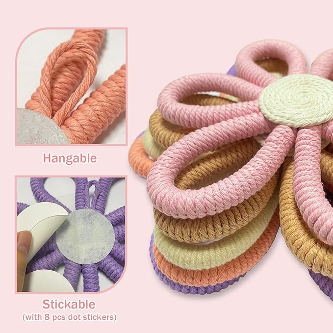 5 Pcs Boho Daisy Flower Wall Decor 3 Size Woven Floral Art Wall Hanging Supply for Boy Girl Pink Purple Bohemian Home Bedroom Room Decorations