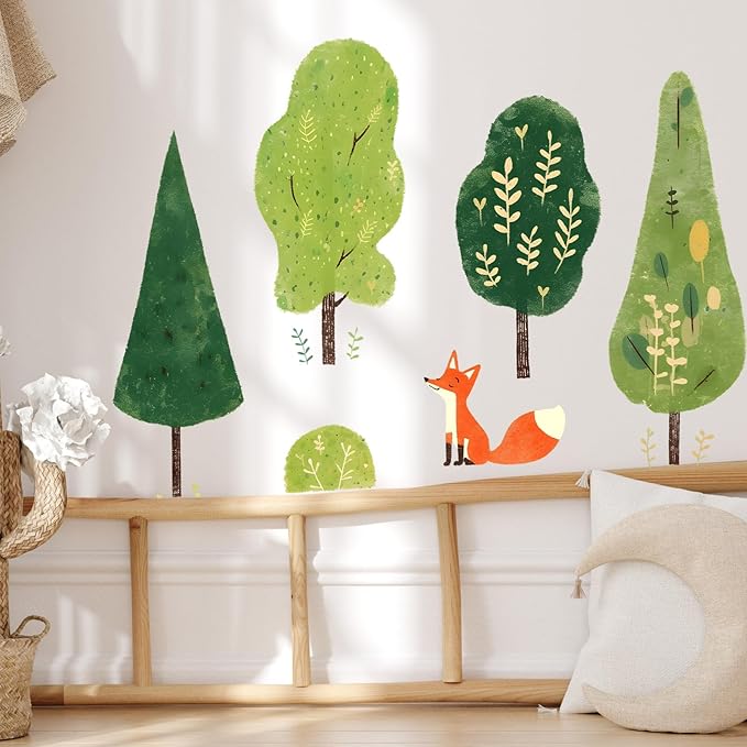 Trees and Fox Wall Decals Removable Cartoon Forest Vinyl Stickers for Nursery Living Room and Kitchen Botanical Decor Peel and Stick Wall Art