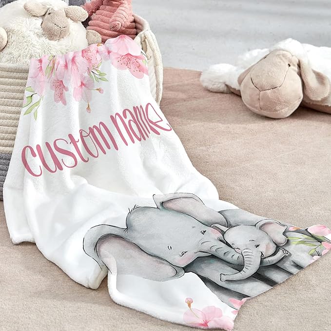 Custom Baby Crib Bedding Set - Elephant Design Personalized Name Pink Flower Baby Nursery Bedding 3 Pcs Set - Chic Soft Blanket, Fitted Sheet, Room Rug for Newborns Boys Girls Gifts