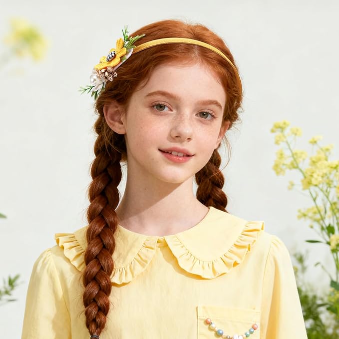 Flower Headbands for Girls Kids Toddlers Sunflower Floral Headpiece Non Slip Elegant Wedding Flower Crown Hairband Spring Summer Fashion Cloth Headdress Accessories for Birthday Party (Orange)