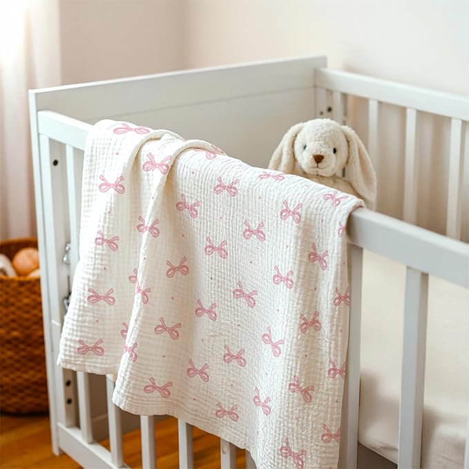 Bow Baby Blankets for Girls, Soft Nursery Minky Blankets with Muslin and Dotted Fleece Back 30x40 inches, Receiving Bed Quilt for Newborn, Infants, Toddlers