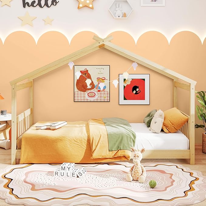 Giantex House Bed Twin, Solid Wood Kids House Bed with Roof, Headboard and Footboard, Low Floor Twin Bed Frame for Kids Teens Girls Boys, No Box Spring Needed, Natrual