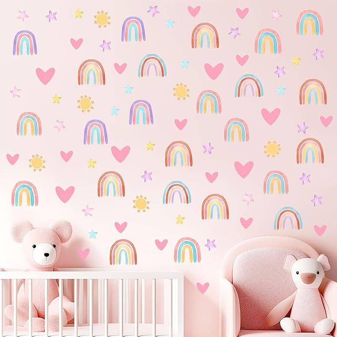 Rainbow Wall Decals Removable Peel and Stick Window Clings 4-Sheet Set with Sun, Rainbow, Heart Design for Girls Bedroom, Kids Room, Nursery Classroom Decor