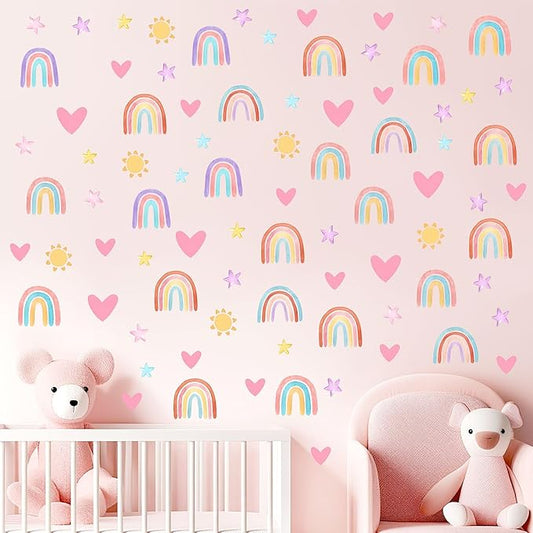 Rainbow Wall Decals Removable Peel and Stick Window Clings 4-Sheet Set with Sun, Rainbow, Heart Design for Girls Bedroom, Kids Room, Nursery Classroom Decor