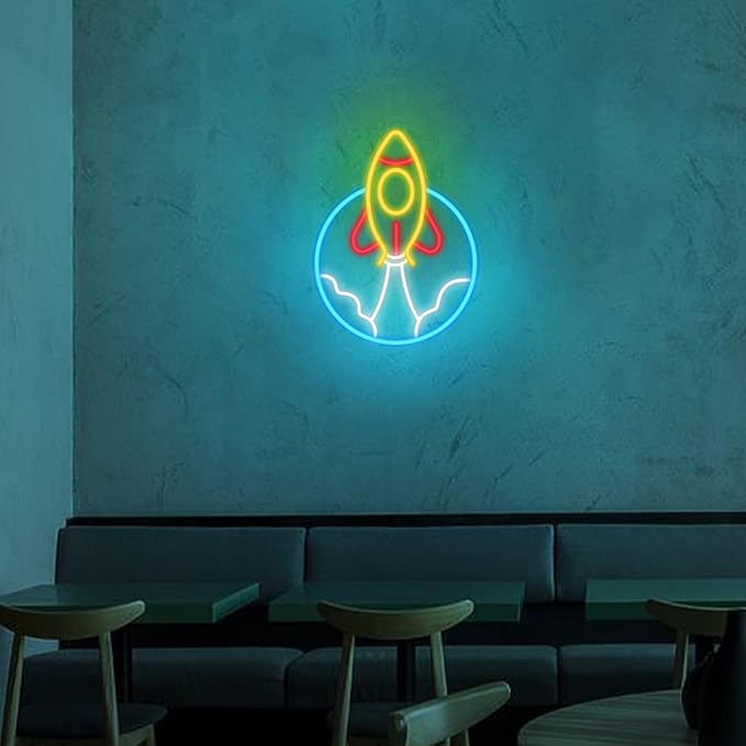 Rocket Neon Sign, LED Light Room Decor, USB Powered Light Up Space Element Universe Theme Decoration, for Bedroom Living Room Gaming Room Man Cave Home Party Birthday Gift for Teen Boys