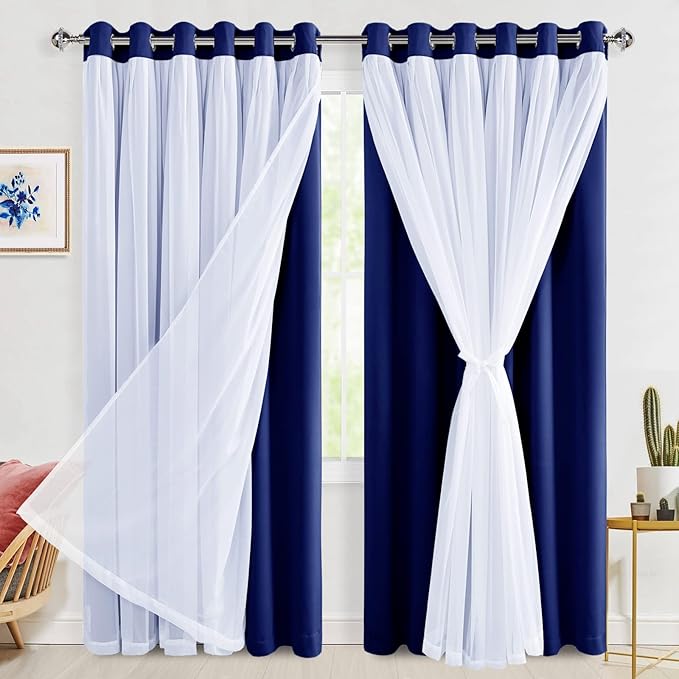 Hiasan Blackout Curtains with Sheer Overlay 84 Inches Long, Thermal Insulated Double Layer Window Curtains for Bedroom, Living Room, Nursery, 2 Panels Sewn with Tiebacks, Navy Blue, 70W X 84L