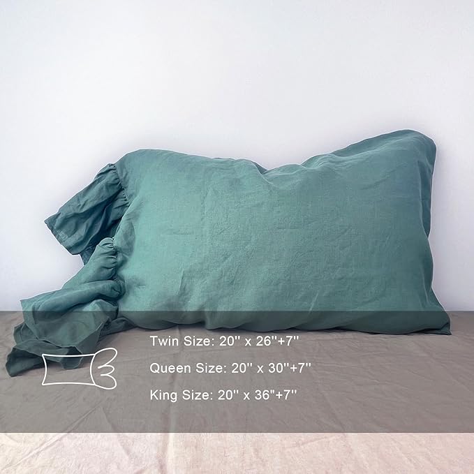 Green Ruffles Linen Pillowcase, 100% French Linen Pillow Cover, King Size 1 Piece Farmhouse Shabby Chic Pillow Case, 20''x36'' Pillowcase with Decorative Ruffle Envelope Closure