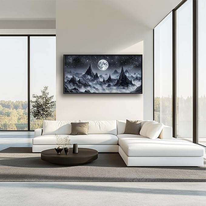 Olivine Mountain Large Wall Art, Black And White Pictures Wall Decor, Nature Landscape Paintings, Moon Canvas Prints, Framed Artwork for Dining Room Bedroom Living Room Office Bathroom Home 60"x30"