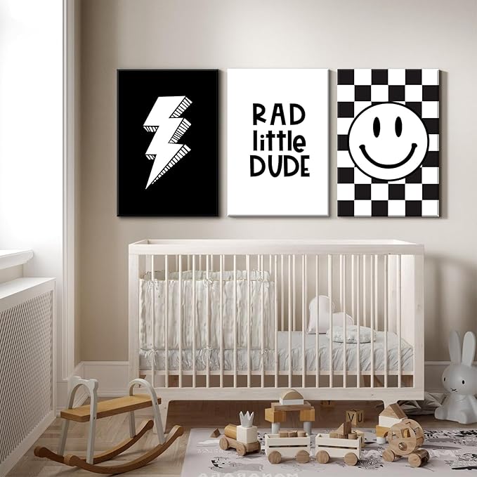 Boys Room Wall Art Decor Toddler Nursery Canvas Wall Art Baby Kids Wall Decor Black Checkered Smiley Poster Pictures Retro Playroom Rad Little Dud Art Prints for Bedroom 16x24x3 Inch Framed