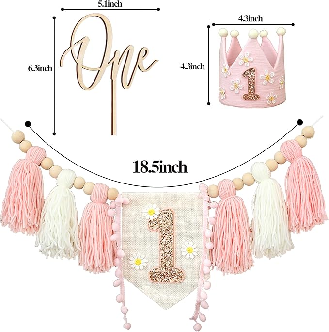 Boho Daisy Highchair Banner 1st Birthday Girl For First Party Decorations Set With Handmade Cake Topper Crown Hat