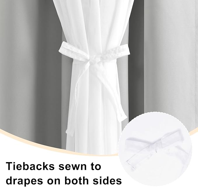 Hiasan Blackout Curtains with Sheer Overlay Mix & Match Double Layer Blackout Curtains with Tiebacks Thermal Insulated Window Panels 96 inch for Living Room Bedroom, Silver Grey, 42W X 96L,Set of 2