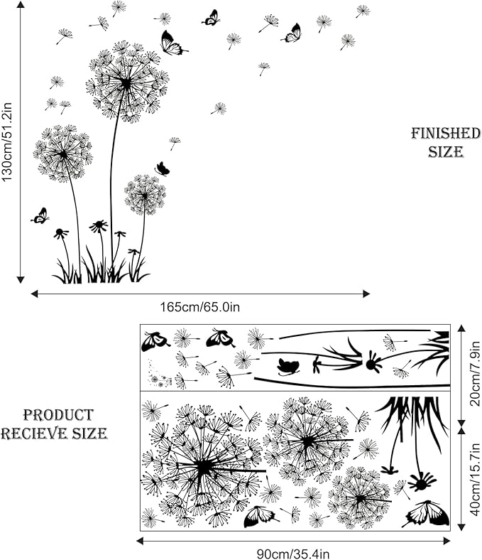 2 Sheets Dandelion Wildflower Wall Decals Art, Wall Art Stickers Peel and Stick Floral Butterflies Flying Decor for Girls Kids Women Baby Nursery Living Room Bedroom Bathroom Hallway Stairwell(Black)