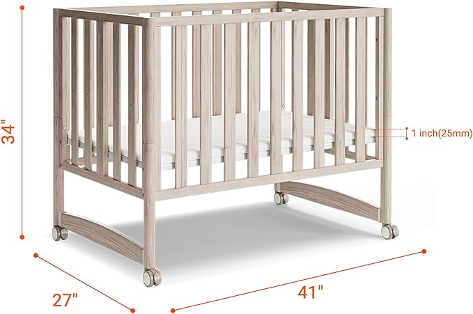 MAMAZING EvoNook 6-in-1 Convertible Mini Crib, 100% New Zealand Wood, 4 Adjustable Mattress Heights, Crib with Mattress,GREENGUARD Gold Certified, Washed Natural