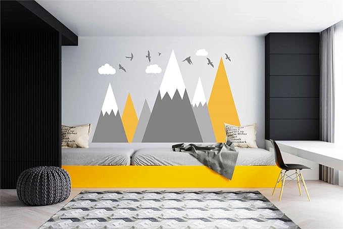 Mountain Wall Decal Baby Room Nursery Adventure Theme Cloud Birds Vinyl Wall Stickers BA972 (Color 1-Yellow, 71X43.inches)