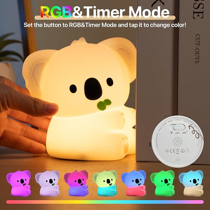 Cute Koala Night Light for Kids Rechargeable, Battery Operated Nightlight 3 Level Dimmable with RGB&Timer, Silicone Touch Nursery Lamp for Baby Girls Boys Bedroom Gifts