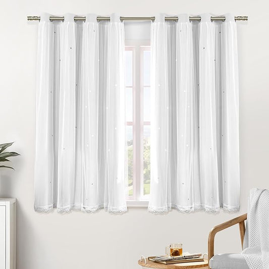 XiDi White Curtains with Sheer Overlay for Girls Bedroom 2 Panels Blackout Double Layer Curtains 45 Inches Length for Kids Princess Nursery Room Star Cut Out Grommet Small Window Drapes W52 X L45