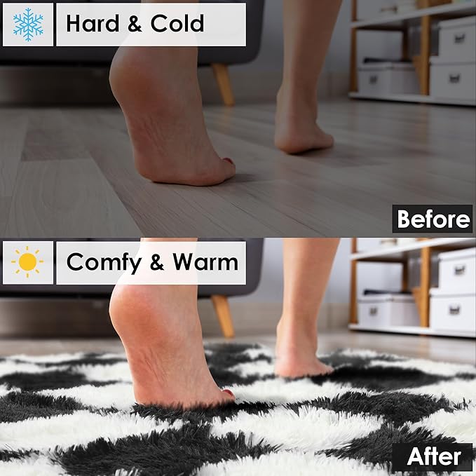 KICMOR 5x7 Rug for Living Room Bedroom, Fluffy Black and White Area Rug Fuzzy Shaggy Floor Carpets, Big Large Soft Plush Checkered Rugs for Kids Girls Boys Room Dorm Nursery, Home Decor Aesthetic