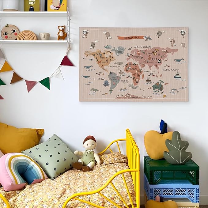 Wheatwin World Maps for Wall, World Map Banner for Kids, Cute Animal World Map Educational Tapestry Wall Hanging Banner Flag Decor for Kids Room Classroom Playroom