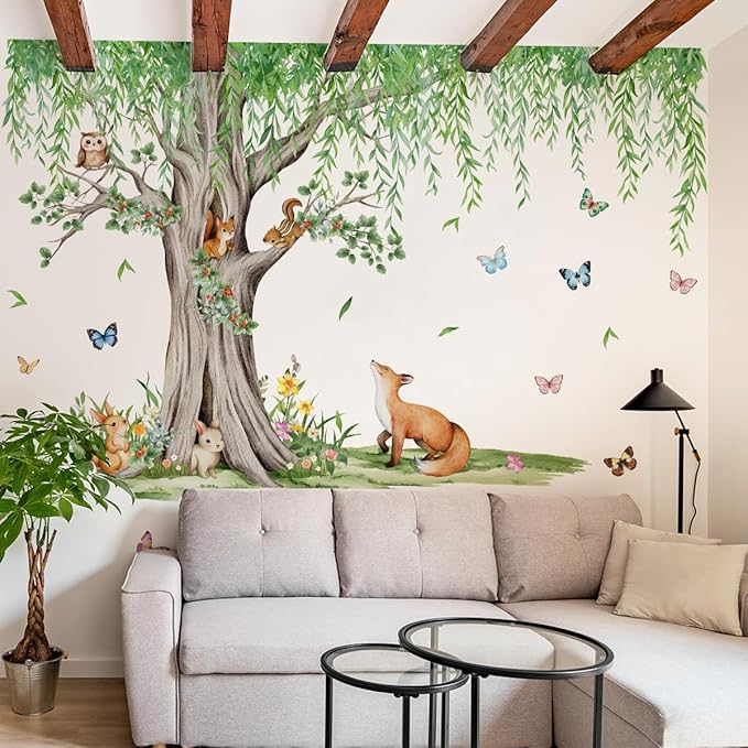 Large Pendulous Tree Woodland Forest Wall Decals, Hanging Green Tree with Animals Birds Wall Stickers for Nursery Kids Room Wall Decor, 74.8x42.5 inch
