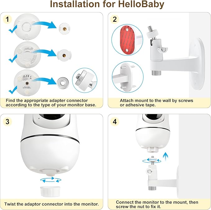 Adjustable Baby Monitor Wall Mount for HelloBaby HB6550/HB6550 Pro/HB6560/HB65/HB6240/HB6339 & ANMEATE SM935E, 360° Swivel Baby Monitor Stand Adhesive Wall Mount with Perfect View and Easy to Install