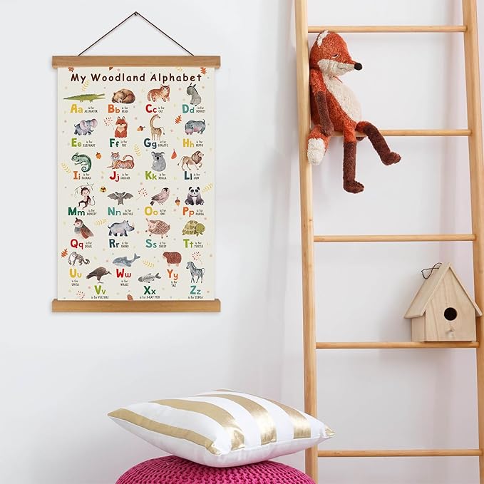 KAIRNE Kids Woodland Alphabet Poster With Wood Magnetic Hanging Framed(35CMx56CM)Children ABC Learning Art Prints,Safari Animal ABC Wall Art,Wildlife Alphabet Canvas Sign for Playroom Classroom Decor