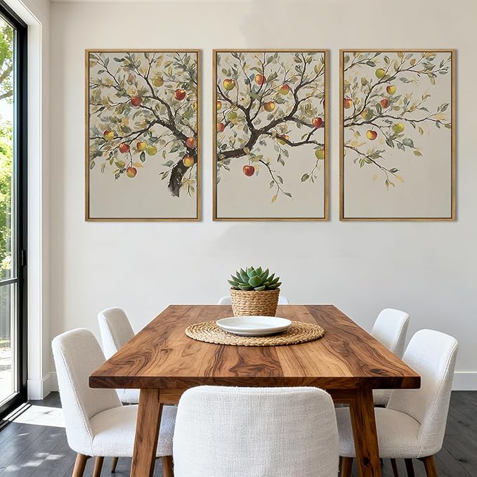 IAPTTOP Large Neutral Botanical Wall Art 16x24 Inch Beige Fall Wood Tree Canvas Wall Decor Rustic Farmhouse Leaves Wall Painting Art Print for Kitchen Living Room Set of 3