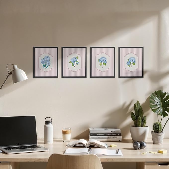 OFJE Blue Hydrangea Floral Wall Art Decor Prints Set of 4, Rustic Pink Striped Hydrangea Flower Wall Art Posters Decor for Girls Bedroom Home Living Room, 8x10 Unframed