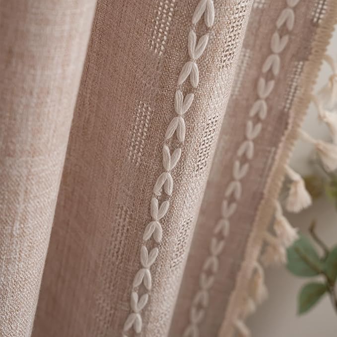 Deeprove Boho Curtain 96 inches Long for Living Room Bedroom Nursery, Breathable Coffee Linen Sheer 96 inches Length Tassel Stripe Embroidery Privacy Window Treatment W52 x L96, 1 Panel Natural