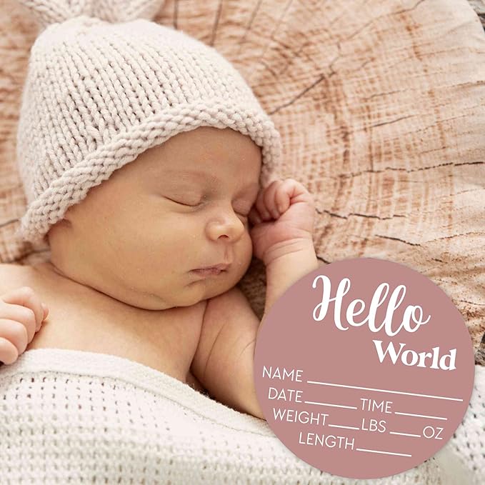 Hello World Newborn Sign - Baby Name Birth Announcement Plaque for Hospital - Photo Prop - Desert Rose Pink Nursery Decor - Shower Gift