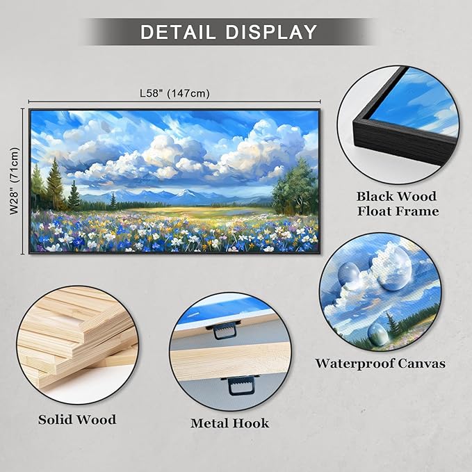 Framed Natural Landscape Wall Art for Living Room, Large Mountain Wildflower Canvas Artwork for Walls Decor, Farmhouse Nature Colorful Flower Paintings Prints for Bedroom Office Decoration 28"x58"
