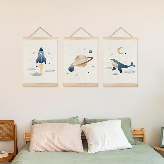 URLLUAE Space Whale Wall Art Posters for Kids Room, Outer Space Rocket Planet Poster Hanger Frame for Classroom Toddler Boys Room Nursery Playroom Wall Decor, 12x16 Inch Set of 3