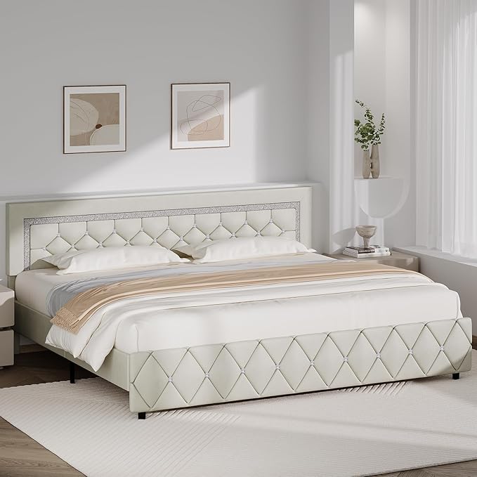 BarnFurin King Bed Frame with Diamond Tufted Headboard, Faux Leather Upholstered Bed with Wooden Slats Support, No Box Spring Needed, Mattress Foundation, Easy Assembly, Cream