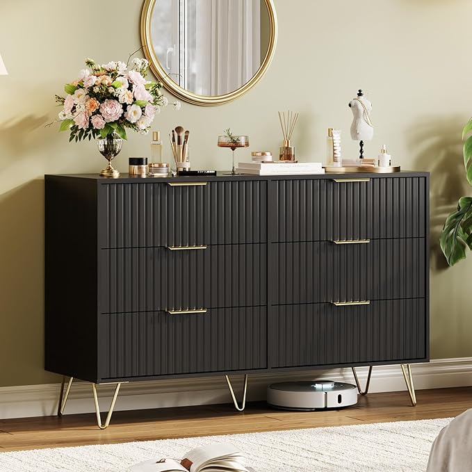Garvee Fluted Dresser for Bedroom with 6 Drawers,47" Wide Modern Chest of Wooden Bedroom Chest with Metal Handle,Clothes Storage Organizer,Closet Dresser & TV Stand for Living Room,Hallway,6&Black
