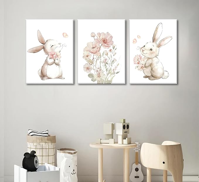 Grengel Pink Girl Nursery Bunny Canvas Wall Art Cute Rabbit Wildflowers Painting Pictures Wall Decor Botanical watercolor Flower Poster printing artwork For Baby Boys and Girls Playroom paintings