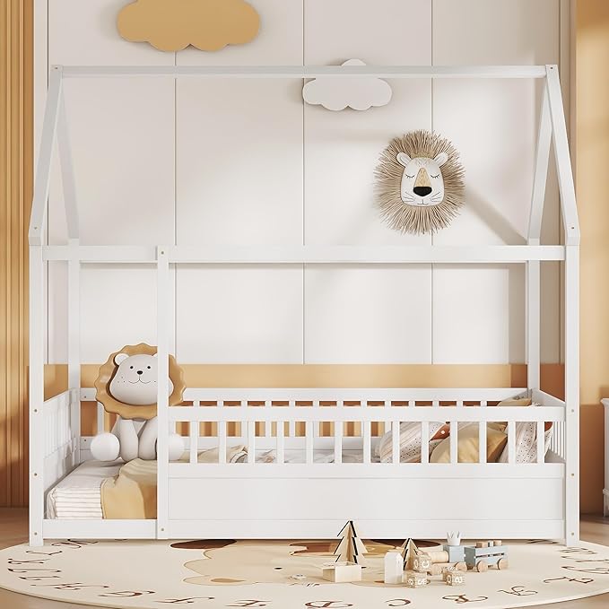 Full Size House Bed with High Fence for Kids,Full Floor Bed Frame, Kids Montessori Bed Full Size,Solid Wood House Bed Frame for Boys,Girls,White