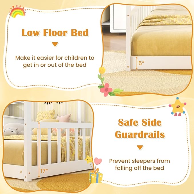 Giantex Double Twin Floor Beds for 2 Kids, Wood Montessori Bed with Fence & Roof, Wooden Slat Support, Easy Assemble, No Box Spring Needed, for Twins, Girls, Boys, White