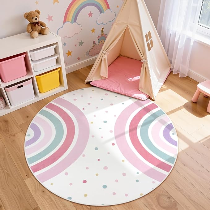 STARUIA Pink Round Rug for Nursery, 4 Ft Rainbow Washable Rug for Kids Room, Non-Slip Circle Rug Colorful Bedroom Carpet for Girls Princess Castle Playroom Classroom