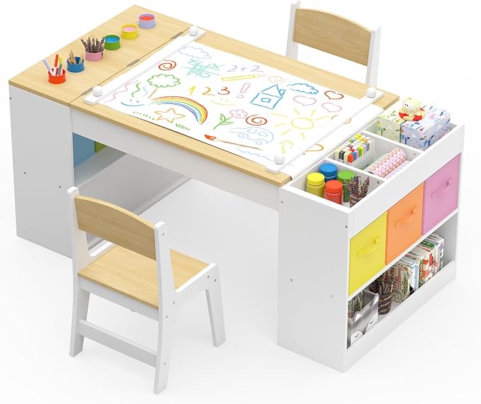 Kids Art Table and 2 Chairs Set, Wooden Craft Desk with 2 Storage Shelves, 6 Storage Bins & Paper Roll for Drawing, Learning and Reading, Toddler Activity Play Desk for Home, 47 L x23 W